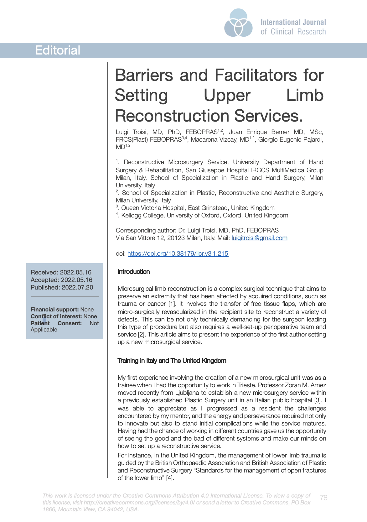 Barriers and Facilitators for Setting Upper Limb Reconstruction Services